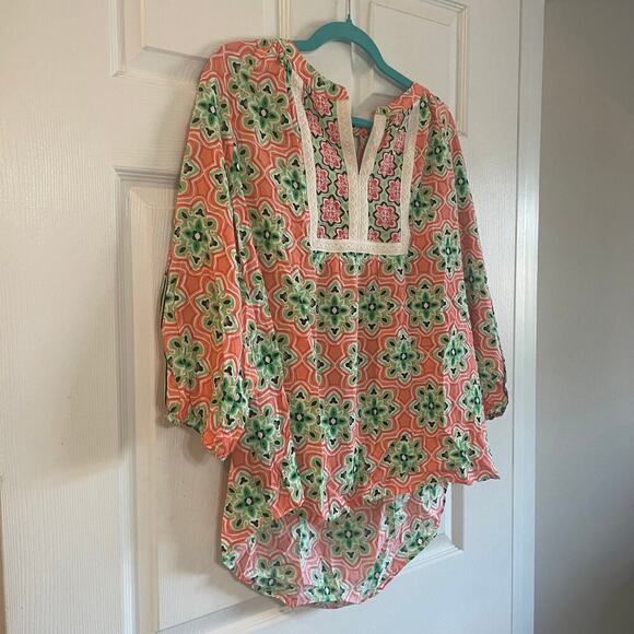 Crown & Ivy Blouse Women's Pink and Green 3/4 Sleeve V-Neck Crochet Sz OX - Picture 9 of 11